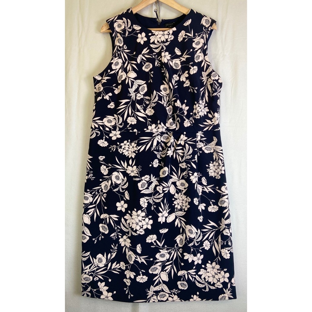 Ann Taylor Navy Floral Midi Dress Size 16 Waist Sleeveless Career Wedding
